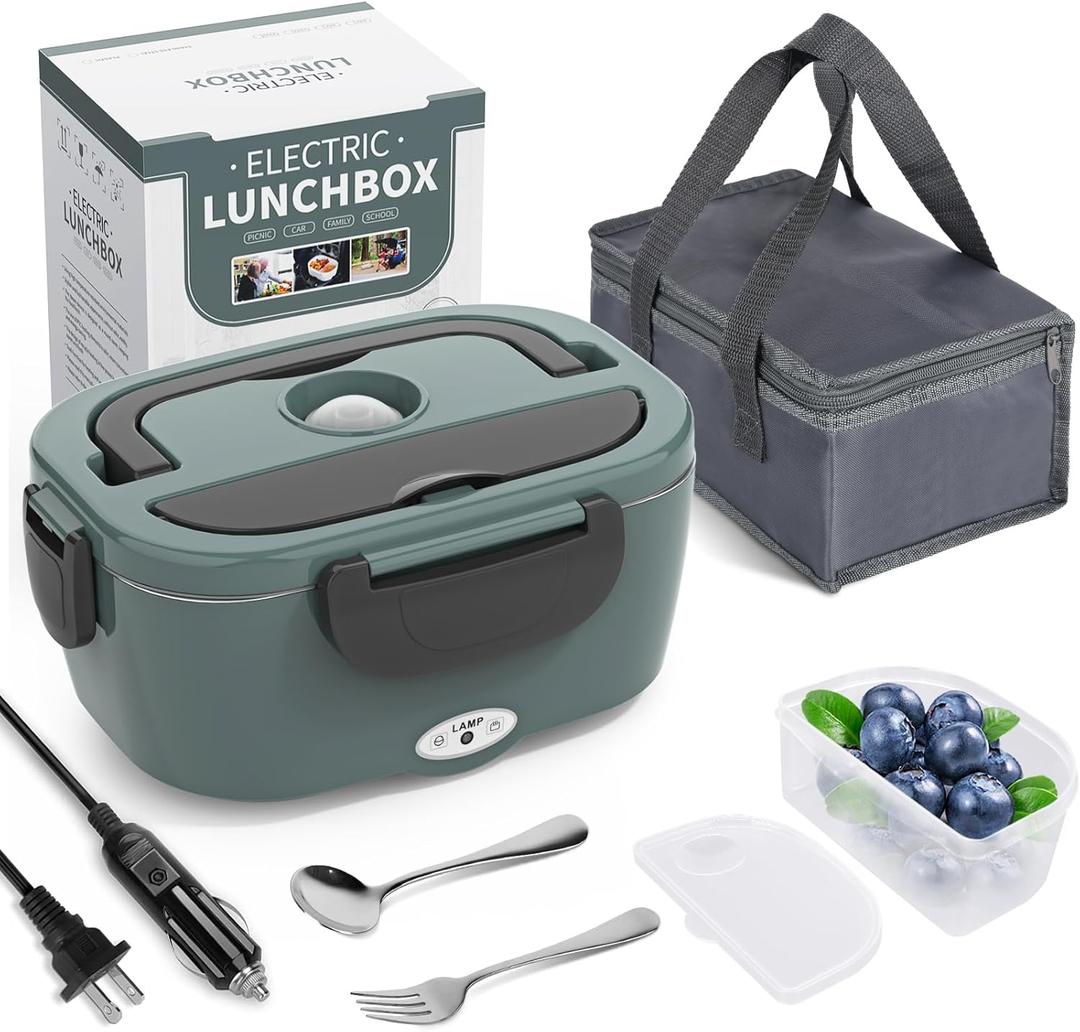 Electric Lunch Box Food Heater, 3 in 1 Ultra Quick Heated Lunch Boxes for Adults, 12V/24V/110V Portable Food Warmer for Car/Truck/Office With Fork Spoon and Insulated Carry Bag (Green)