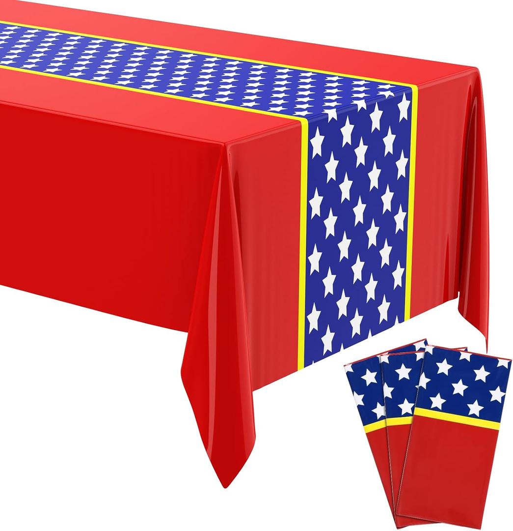 Fanfanwin 3 Pcs Girl Hero Plastic Tablecloth Girl Hero Theme Party Supplies Red and Blue Disposable Table Covers Birthday Decoration 108 x 54 Inch