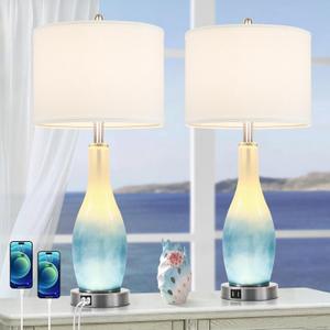 BesLowe 26in Tall Glass Table Lamps Set of 2 with 2 USB Charging Ports & LED Nightlight, Large Coastal Table Lamps for Living Room End Table, Modern Beach Lamps for Bedroom Bedside Nightstand, Blue