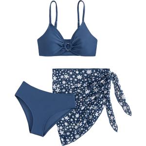 COZYEASE Girls' 3 Piece Bikini Set Ditsy Floral Print Wireless Swimsuit with Beach Skirt (Navy Blue), 13Y
