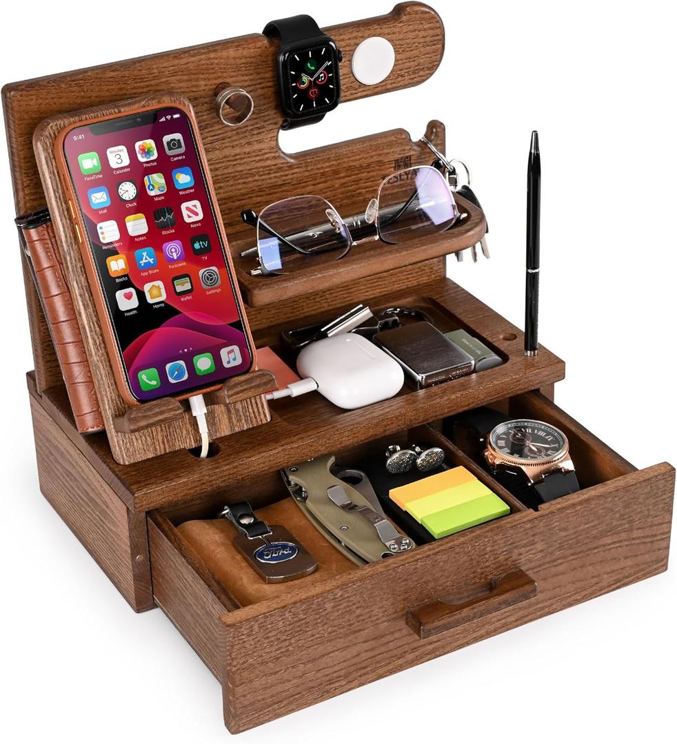 TESLYAR Wood Phone Docking Station with Drawer - Nightstand Organizer - Desk Organizer for Husband - Birthday Gifts for Men, Dad, Anniversary Idea, Key Holder Stand Watch & Accessories (Earth Beige)