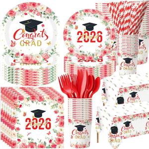 Funnymoom 452 Pcs 2026 Red Floral Graduation Decoration for 50, Class of 2026 Red White Gold Grad Paper Plates Napkins Cups Tablecloth Cutlery Straws for College School Congrats Grad Party Supplies