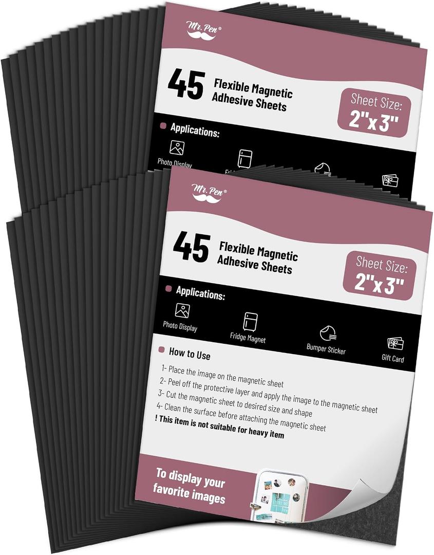 Mr. Pen- Adhesive Magnetic Sheets, 2" x 3", 45 Pack, Cuttable Magnets Flexible Magnet Sheets with Adhesive for Crafts Photos, Classroom Decorations, Easy Peel and Stickers for Planning