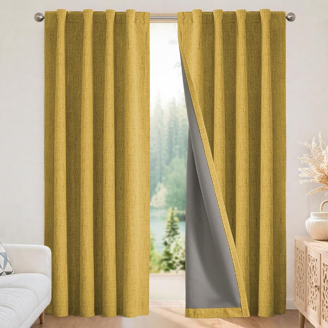 Joydeco Blackout Curtains for Bedroom - 84 Inch Long 100% Light Blocking 2 Panels Set Yellow Drapes, Thermal Insulated Room Darkening Curtains, Linen Textured for Living Room, Rod Pocket & Back Tabs