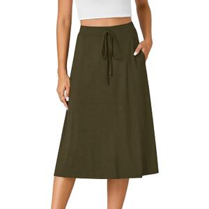 KIFOVEN Womens Casual High Waist A Line Midi Skirt Flared Drawstring Stretchy Skirt (Medium, Pack of 3, Black, Army Green, Khaki)