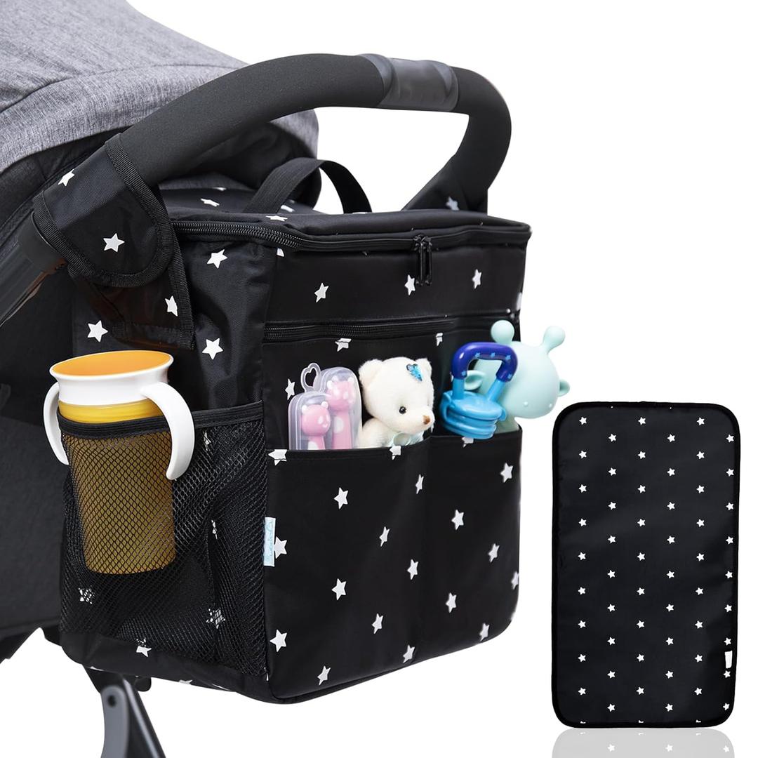 Orzbow XL Stroller Organizer With Diaper Changing Pad, Waterproof Large Baby Diaper Bag, Stroller Caddy Organizer with Cup Holder & Shoulder Strap Used As Mom Handbag & Shoulder Bags & Backpack, Black