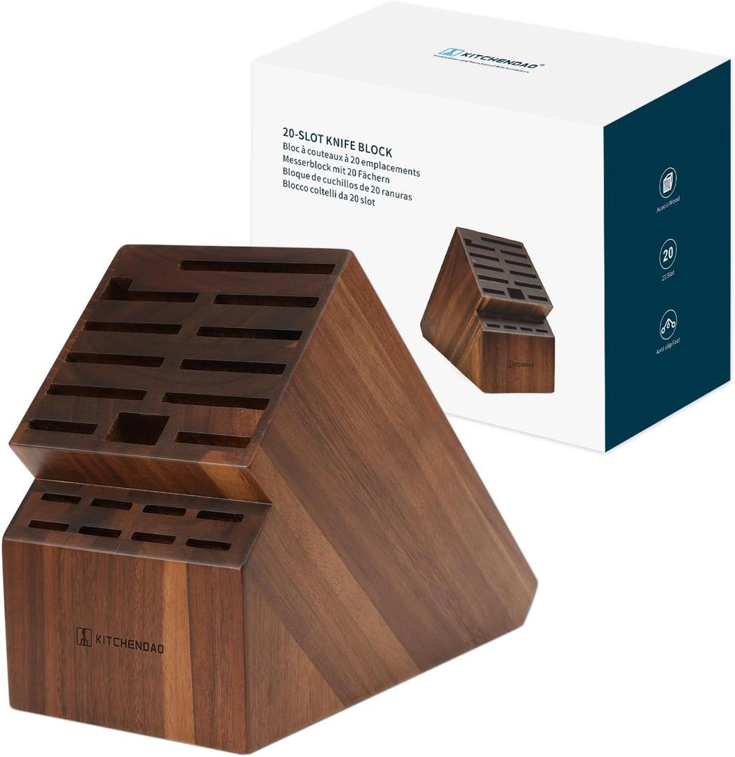 KITCHENDAO 20 Slot Acacia Wood Knife Block without Knives, Universal Knife Holder for Kitchen, Holding Multiple Types of Knives, Countertop Butcher Block Knife Stand for Easy Kitchen Storage