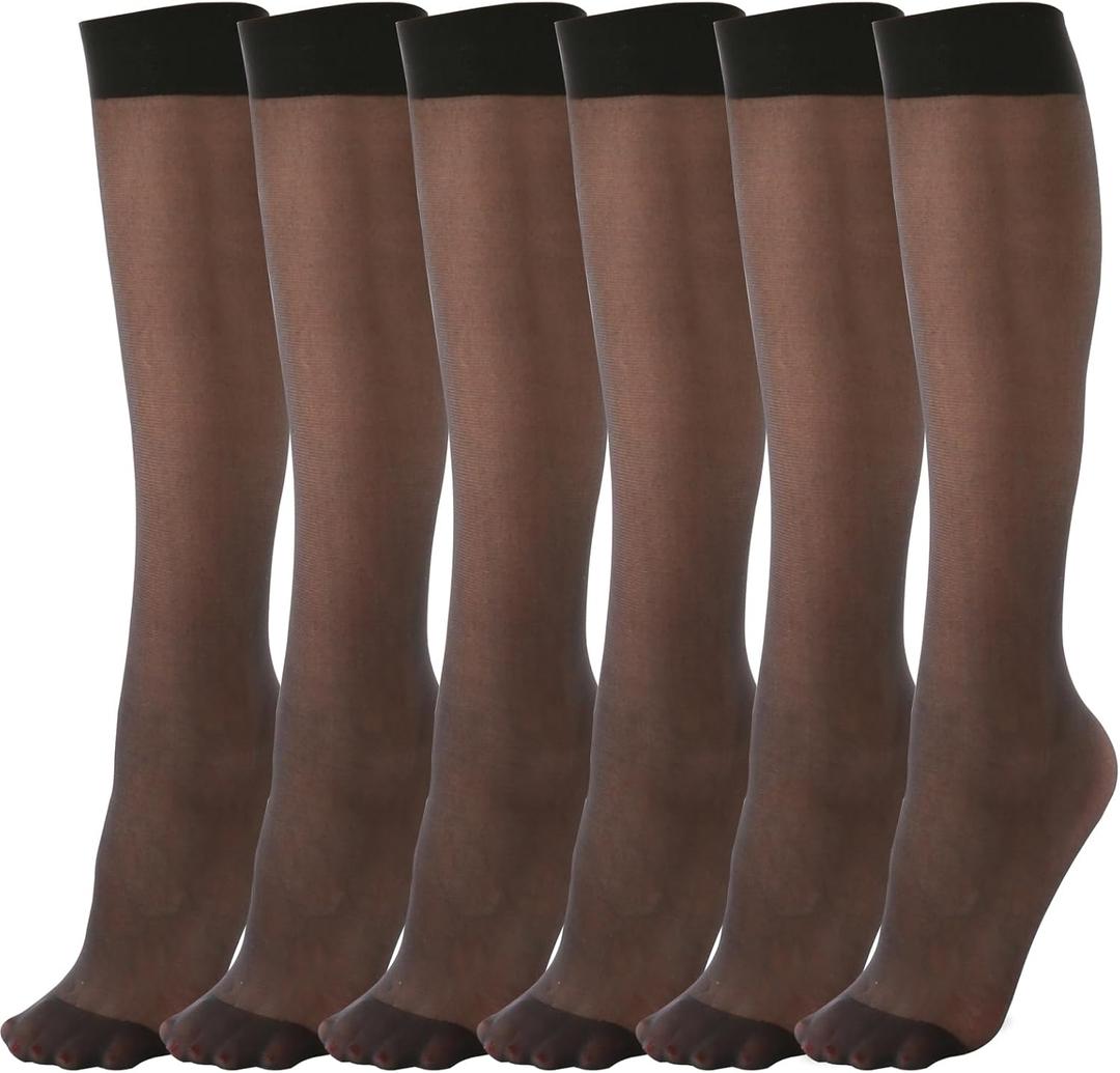 6 Pairs Knee High Stockings for Women, 20 Denier Nylon Sheer Socks with Reinforced Toes Black Nude, One Size