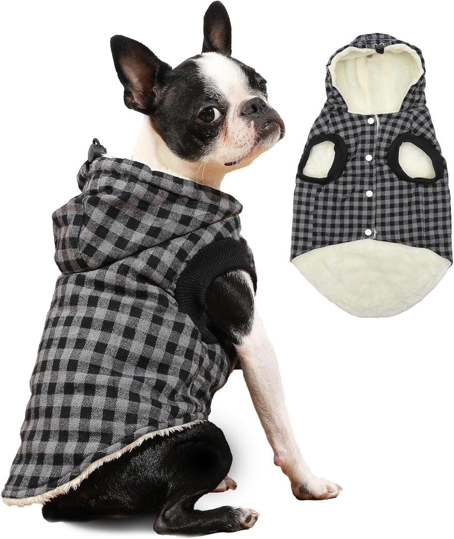 Fleece Lining Dog Hoodie for Small Dogs Extra Warm Plaid Sweater with Drawstring Hooded Coats in Winter Puppy Jacket,Black S (Small (Pack of 1))