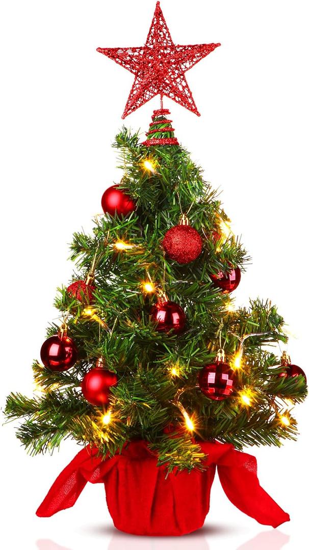 Sumind 24inch/2ft Tabletop Mini Christmas Tree Set with LED Lights, 24 Christmas Ball Ornaments, Pre-lit Small Artificial Green Tree Decoration for Xmas Table Indoor Holiday(Red)