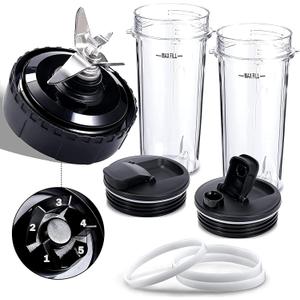 Blender Replacement Parts Compatible with Nutri Ninja, 5 Fins Extractor Blade, 216oz Cups with To-Go Lids, 3Rubber Gasket Accessories for Ninja QB3000/QB3000SSW/QB3004/QB3005/QB3001