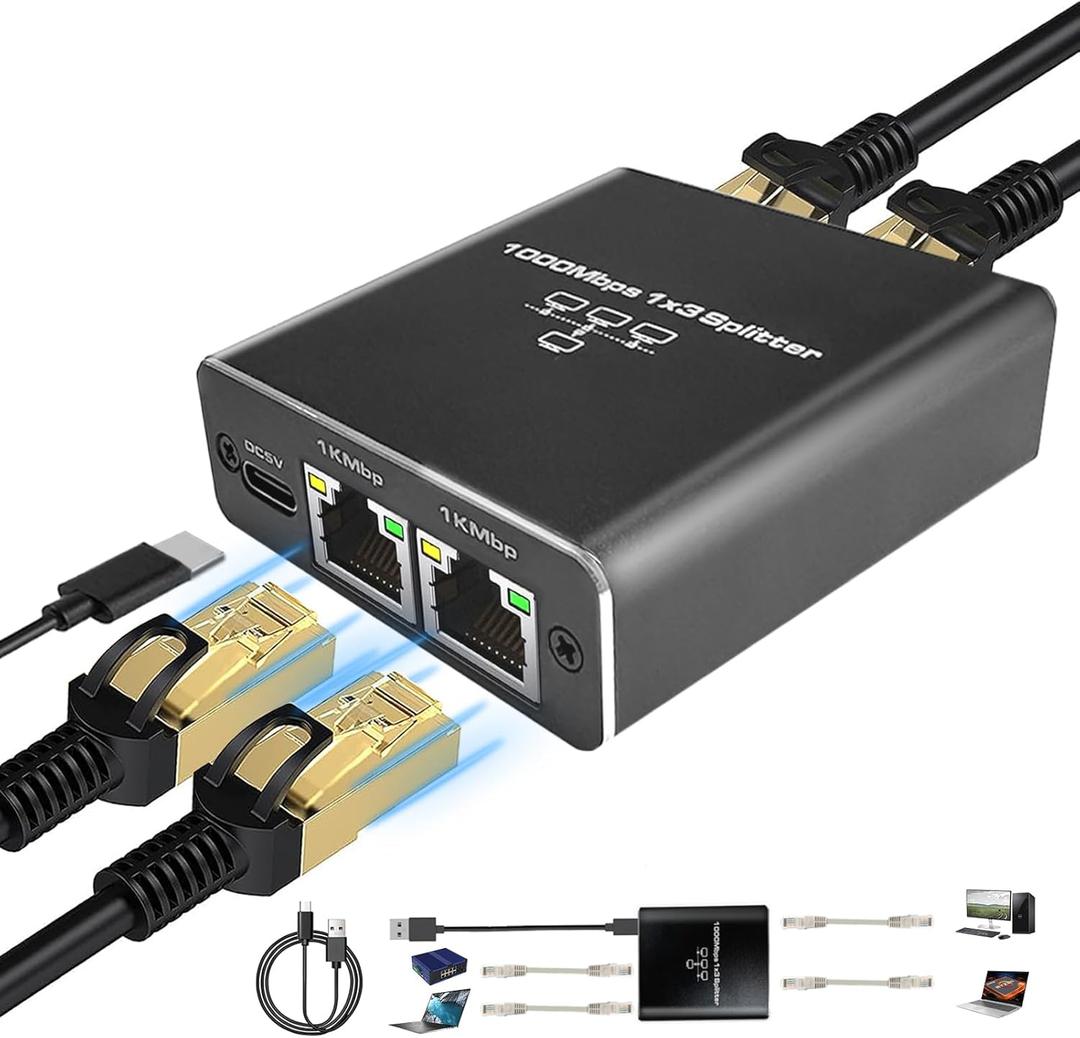 Gigabit Ethernet Splitter 1 to 3 High Speed, 1000Mbps LAN Splitter (3 Devices Simultaneous Networking), RJ45 Splitter Adapter with USB Power Cable, Internet Splitter for Cat5/5e/6/7/8 Cable