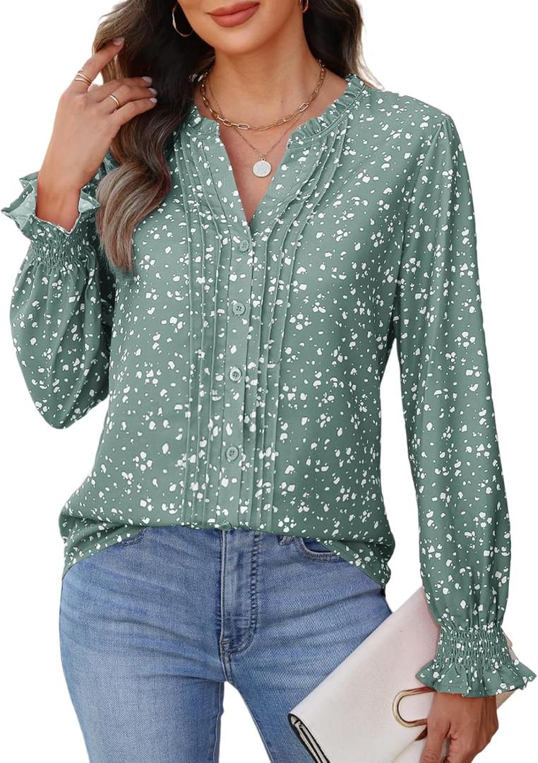 CiCiBird Womens Casual V Neck Blouses Button Down Shirts Long Sleeve Floral Print Business Work Tops (Green, L)
