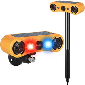 Solar Motion Sensor Alarm Outdoor, Red & Blue LED Strobe Light with 130dB Dual Speakers, 13 Loud Sounds Dog Barking & Siren, Continuous Loop Playback, 4 Working Modes for Home, Villa, Farm, Barn