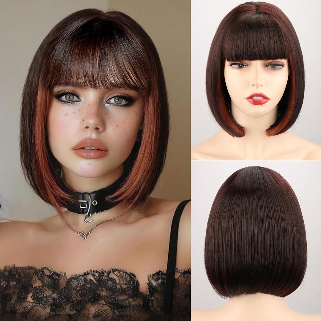 WERD Short Bob Brown Wig with Bangs Synthetic Hair for Women mixed Brown Orange Highlights Wigs for Cosplay Party Daily Halloween