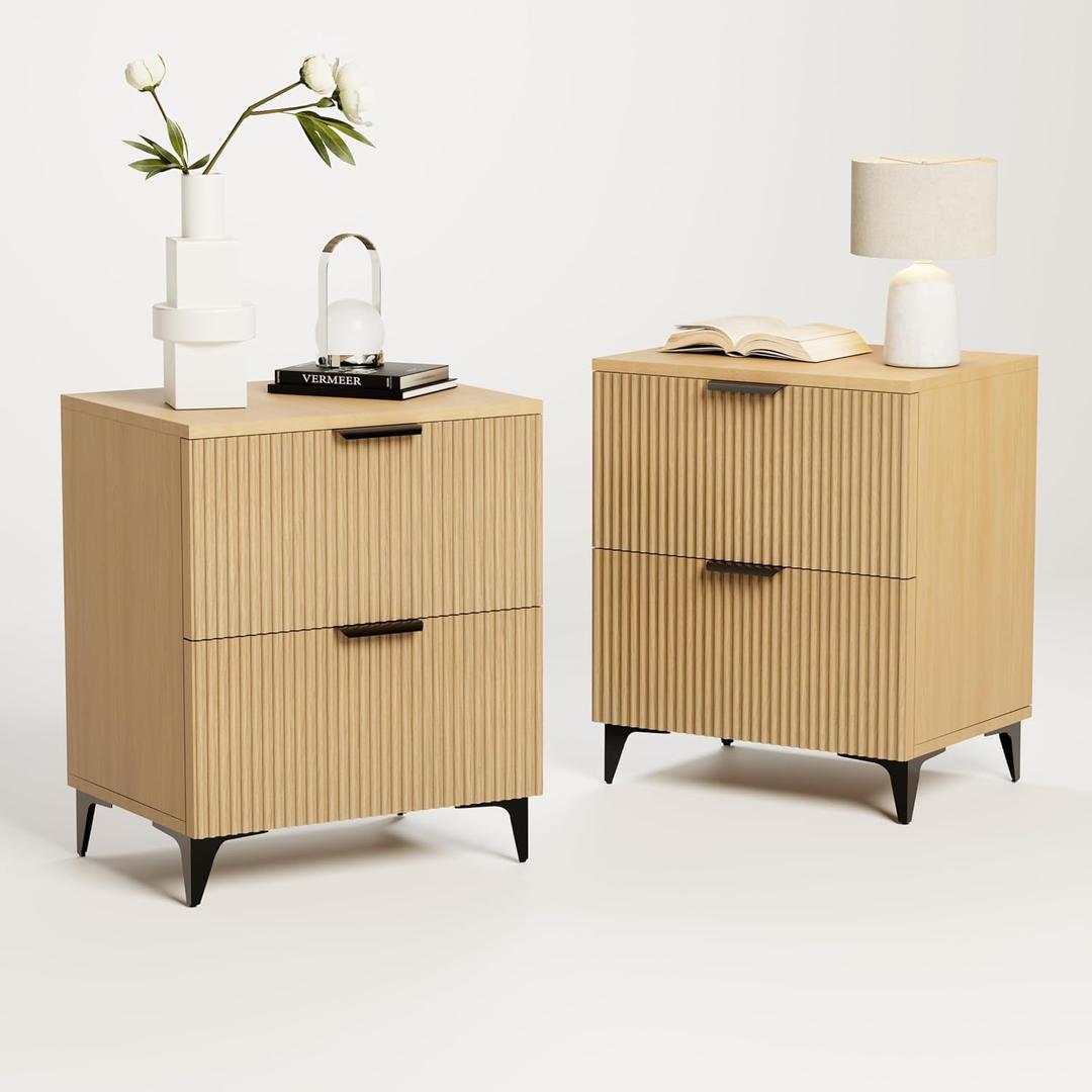 Royal Windsor Small Night Stand Set of 2, Fluted Nightstand with 2 Drawers, Side End Table with Storage, Modern Night Stand Bedside Table for Small Indoor Rooms, Natural Oak, 15.74 Inches X 11.81 Inches X 20.27 Inches