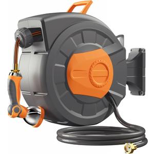 Retractable Garden Hose Reel 100ft, 1/2 inch Water Hose, Wall Mounted and 180 Deg Swivel Bracket, Slow Retraction Any Length Lock 10 Spray Nozzle