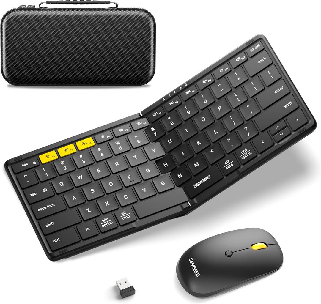 Foldable Keyboard and Mouse, Samsers KM08 Folding Bluetooth Keyboard Mouse Combo, 2.4G + BT5.0 x 2, Full-Size Portable Travel Keyboard & Rechargeable Wireless Mouse for iOS Android Windows Mac OS (Graphite)