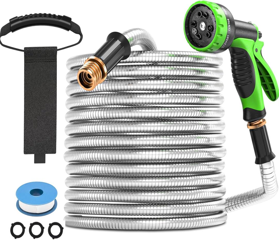 GARDENWORK Garden Hose,75ft Stainless Steel Garden Hose,Metal Hose with 10 Function Sprayer Nozzle,Flexible,Never Kink & Tangle for Outdoor,Yard,Lawn,Patio,Car