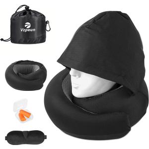 Travel Pillow - Hooded Neck Pillow Airplane Memory Foam Filling for Plane, Office, Cars Sleeping, Road Trip, Long Flights, Airplane Travel Essentials, Includes Eye Mask & Earplugs (Black)
