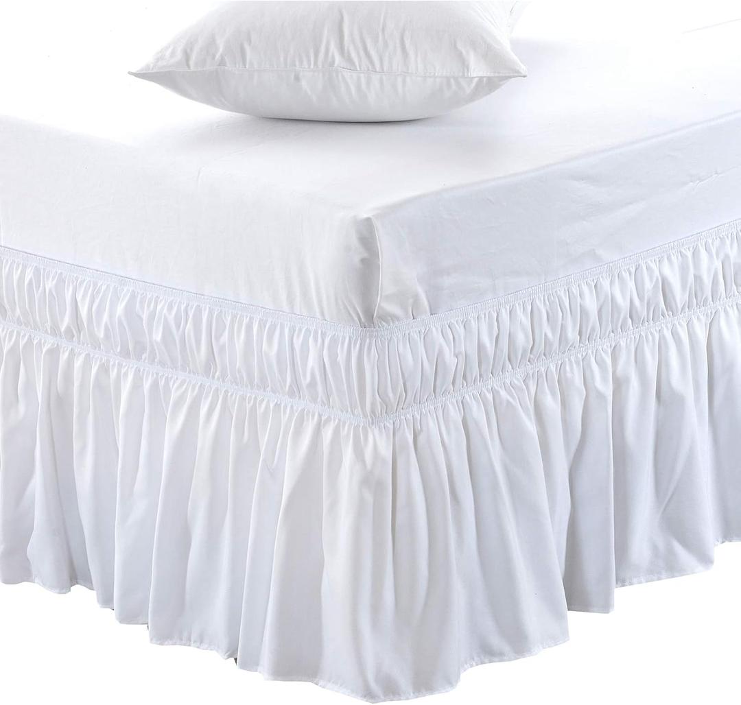 MEILA Wrap Around Elastic Bed Skirt for Queen & King Beds, 16" Drop, White | Three-Side Adjustable Elastic Dust Ruffle, Ruffled Polyester Fabric, Easy to Install, Fade Resistant & Machine Washable, Size: Queen/King-16" Drop