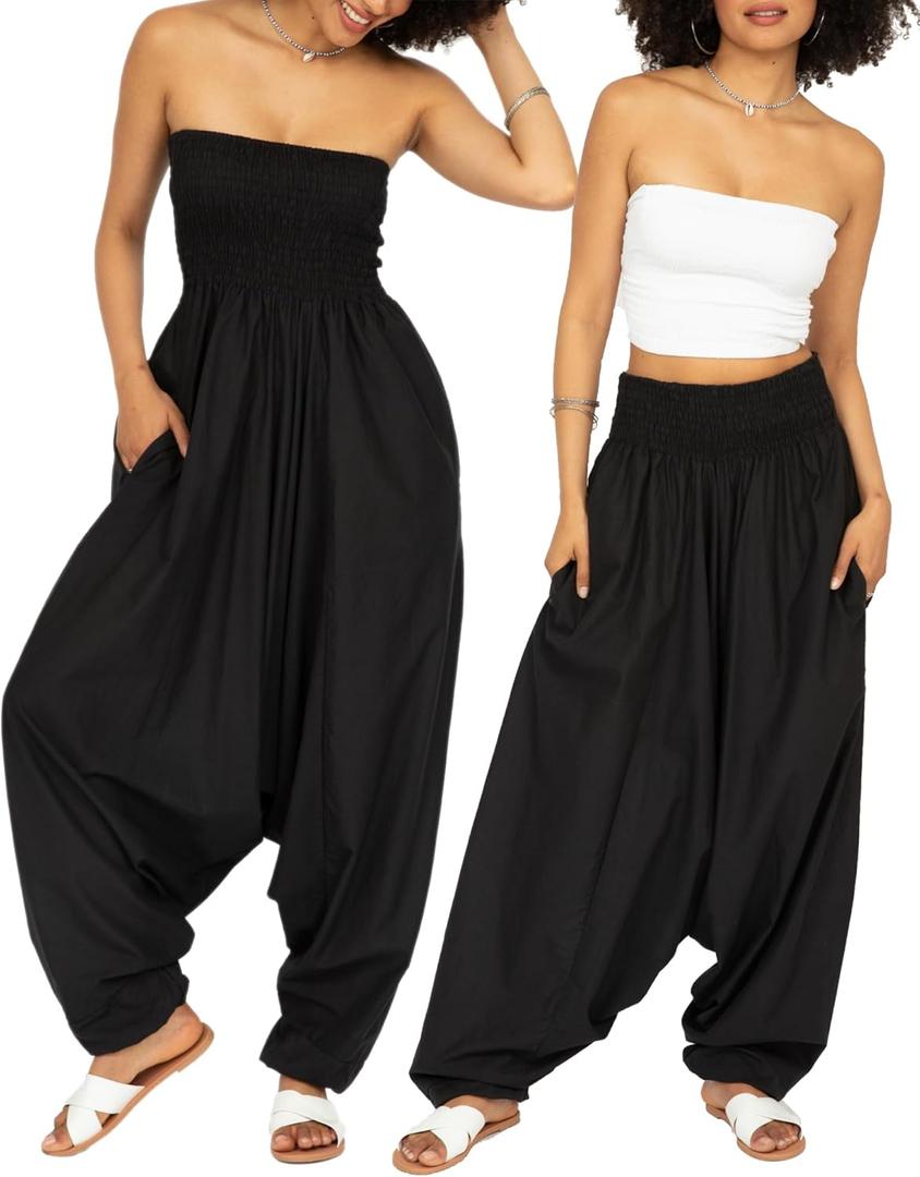 likemary Harem Pants Women Jumpsuit  2-in-1 Strapless Romper Converts into Comfy Boho Balloon Pants with Pockets  One Size (Black)
