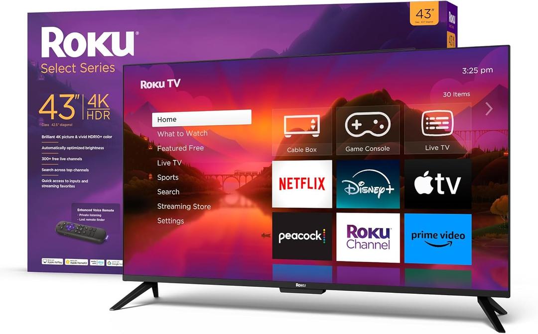 Roku Smart TV  43-Inch Select Series 4K HDR RokuTV with Roku Enhanced Voice Remote, Brilliant 4K Picture, Automatic Brightness, & Seamless Streaming  Live Local News, Sports, Family Entertainment