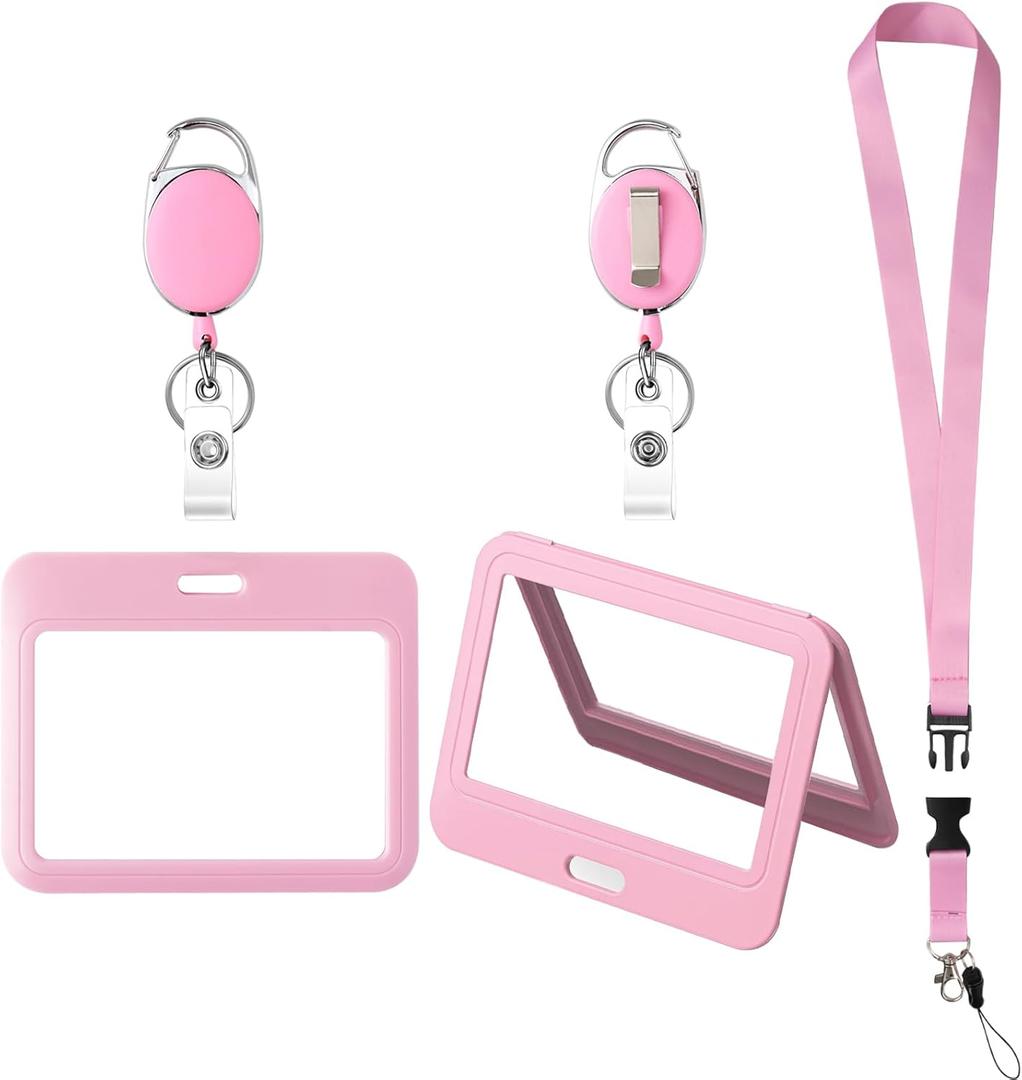 ID Badge Holders and Retractable Reel Clips,Lanyard with Release Buckle, Key Card Holder Nametag Protector for Nurse Women Girl Kid Office Teacher Doctor Student (Pink Horizontal,Double-Sided Clear)