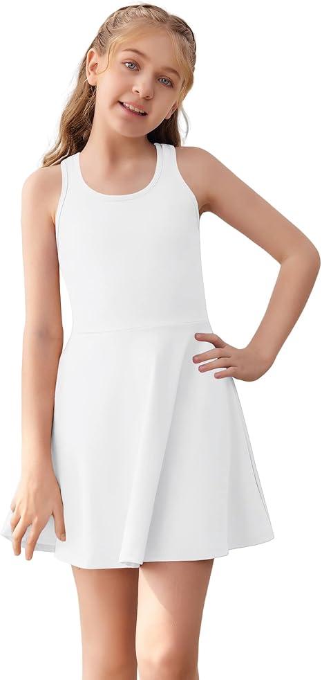 Haloumoning Girls Sleeveless Tennis Dress Kids Racerback Golf Dress School Sports Dresses Outfit with Shorts Pockets White 150