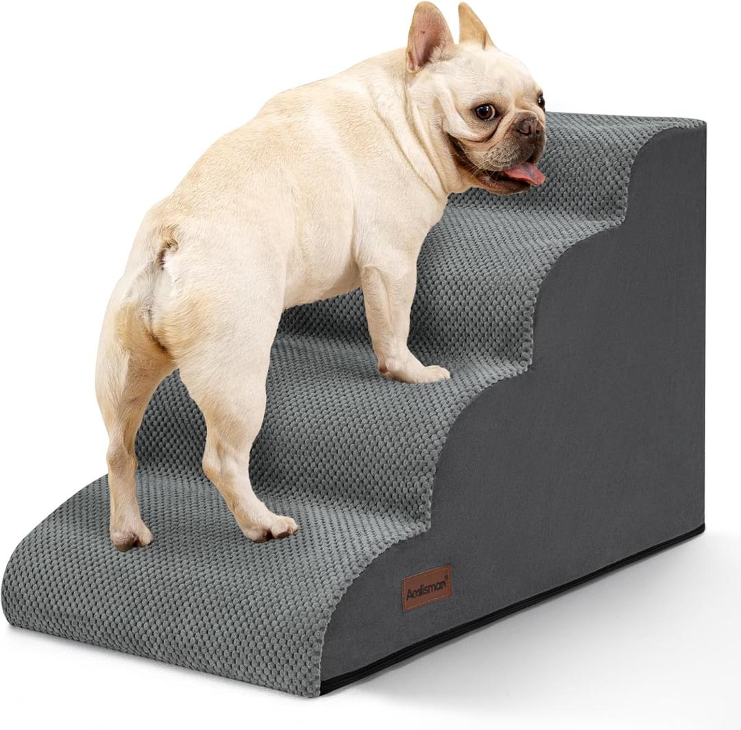 Dog Stairs Ramp for Bed and Couch,4 Step Dog Steps for Small Dogs,Pet Stairs with Non-Slip Bottom for Old Cats, Indoor Pet Steps, Comfort, Durable,17.4" H, Grey