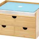 Bamboo Desk Drawer Organizer, Large Desktop Organizer with Drawers Tabletop Storage Organization Box for Office Home Toiletries Supplies Vanity, No Assembly Required (3 Drawer with Shelf) (Small)