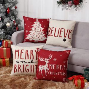 CAROMIO Christmas Decoration Pillow Covers 18 x18 Set of 4 Farmhouse Decorative Throw Pillows for Home Deer Rustic Xmas Tree Pillow Cases Winter Holiday Decor Throw Cushion Cases for Sofa Couch