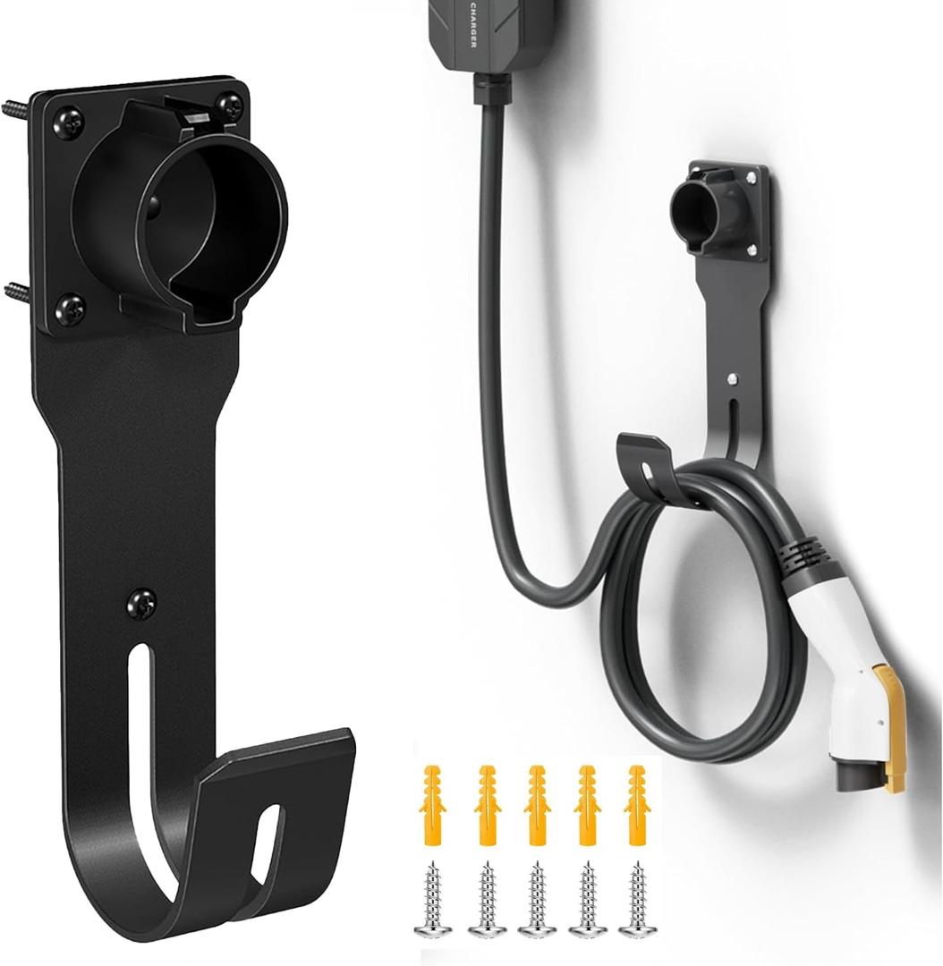 Level 2 EV Charger Nozzle Holster Dock & J-Hook Holder Combo for All J1772 EVs, Wall-Mount Electric Vehicle Charger Holster with Hook for J1772 Connector