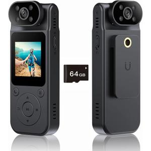 1.5Screen Mini Body Camera Video Recording with 64GB Memory Card,1080P Wearable Personal Bodycam with 180 Rotating Lens Night Vision Motion Detection, Body Worn Camcorder for Travel/Outdoor/Work