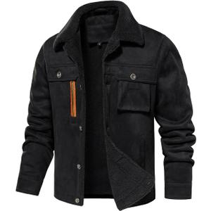 FANARCHER Mens Casual Winter Jackets Faux Suede Leather Sherpa Jackets Warm Fleece Lined Turn-Down Coat with 5 Pockets (Medium, Black)