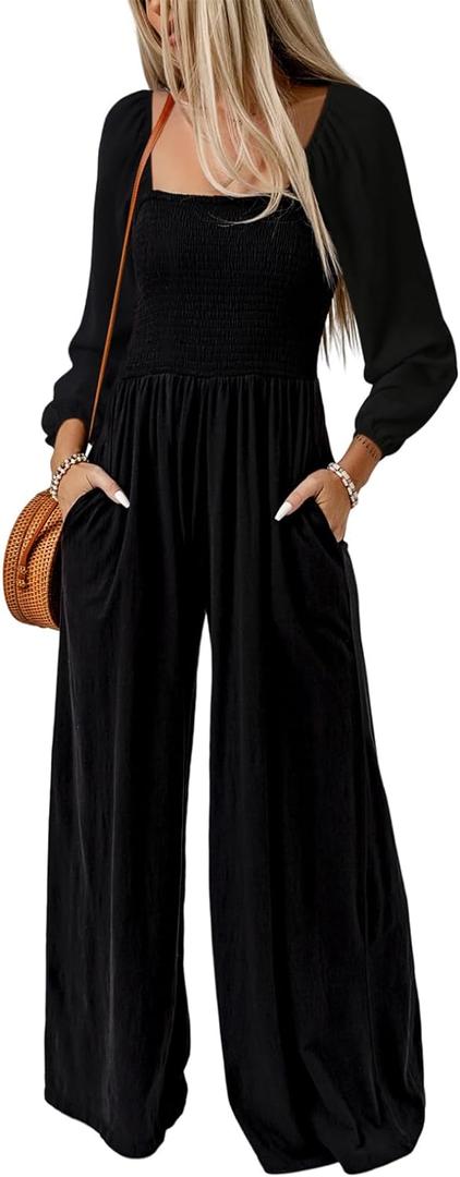 Happy Sailed Womens Loose Casual Jumpsuits Overalls One Piece Long Sleeve Wide Leg Long Pant Rompers with Pockets (Medium, Black)