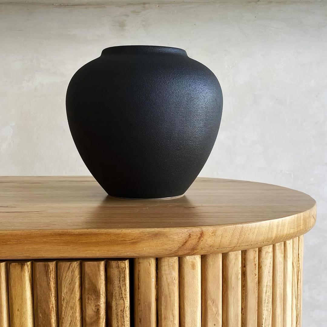 Ceramic Vase, Faded Black Color, Modern Minimalist Textured Vase for Home Decor, Bookshelf & Coffee Table Decor (Black Short)