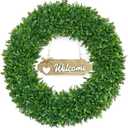 22 Inch Christmas Wreath Boxwood Wreath Realistic with Welcome Sign Faux Green Preserved Boxwood Wreaths Outdoor Spring Fall Winter Wreaths for Front Door Outside for Porch Farmhouse Wall Home Decor