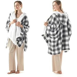Wearable Heated Blanket - Warm Up Electric Blanket Hoodie with 6 Heat Levels, Snuggies for women, gifts for her, 50"x60", Black White Plaid