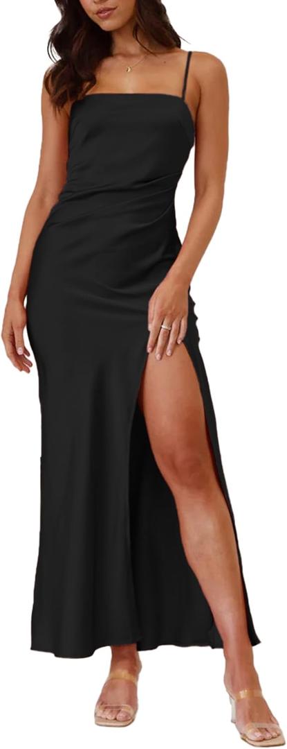Summer Satin Spaghetti Strap Backless Maxi Dresses for Women 2026 Sexy Square Neck Ruched Slit Wedding Guest Midi Dress (Black, M)