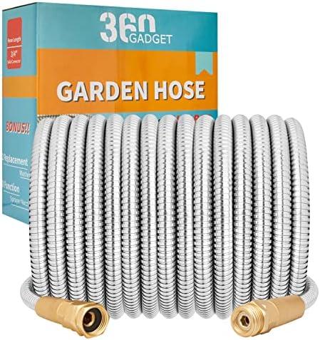 360 GADGET Garden Hose Metal - 50ft Heavy Duty Stainless Steel Water Hose with 8 Function Sprayer & Metal Fittings, Flexible, Lightweight, No Kink, Puncture Proof Hose for Yard, Outdoors, Rv