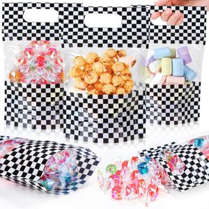 Fuutreo 50 Pcs Racing Car Bags Racing Clear Sealing Pouches with Handles Resealable Black and White Checkered Flags Plastic Bag for Race Theme Birthday Party Candy Gift Wrap Supplies Decor (Car)