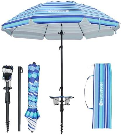 HOMEDEMO 7ft Heavy Duty High Wind Beach Umbrella With Foldable Table & Hook, UV 50+ Protection Waterproof Outdoor Sunshade Umbrellas With Handle Carry Bag For Patio Garden Pool Backyard