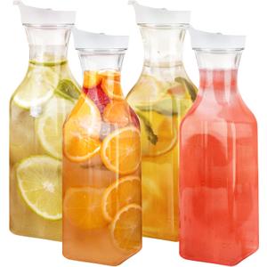 GUSTO [50 oz - 4 Pack] Plastic Carafe with Lid, Large Capacity Square Base - Clear Pitcher with Flip Top Lid, Easy-Pour Spout Juice Containers with Lids, Hand Wash Only - Perfect for Mimosa Bar