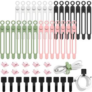 OneLeaf 48Pcs Silicone Cable Ties, Elastic Cord Ties for Cable Organizer, Reusable Wire Management, Cord Organizer Essentials, Multipurpose Cable Management for Travel/Portable/Office/Home Desk (48pcs-black, White, Green, Pink)