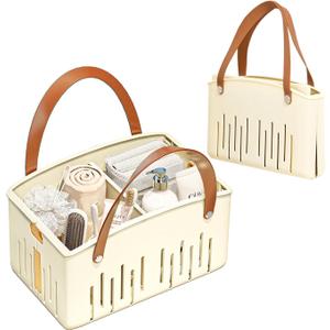 Portable Shower Caddy,Foldable Shower Caddy with Handle and Adjustable Divider,Plastic Shower Storage Basket,Quick Dry Bathroom Shower Organizer Bin for College,Dorm Room,Travel Essentials(Cream)