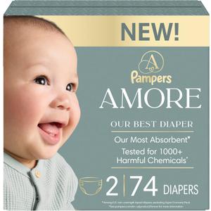 Pampers Amore, Size 2 (10-22 lbs), 74 Count, Our Best Diaper Hypoallergenic & Fragrance Free, Up to 100% Leakproof, Soft as Cashmere