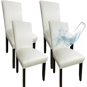 White Leather Chair Covers for Dining Chairs Set of 4, Faux Leather Dining Chair Covers Removable Wipeable Parson Chair Covers Leather, Stretch Waterproof Chair Seat Covers for Dining Chairs