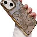 Bling Glitter Butterfly Phone Case Compatible with iPhone 14, 3D Butterflies Luxury case Soft Sparkling Cover for Women Girls (Gold)