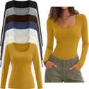 7 Pack Women's Long Sleeve Shirts Multipack Scoop Neck Tops Slim Fit Undershirt Basic Layer Winter (Turmeric, Cream, White, Haze Blue, Brown, Light Gray, Black) Small